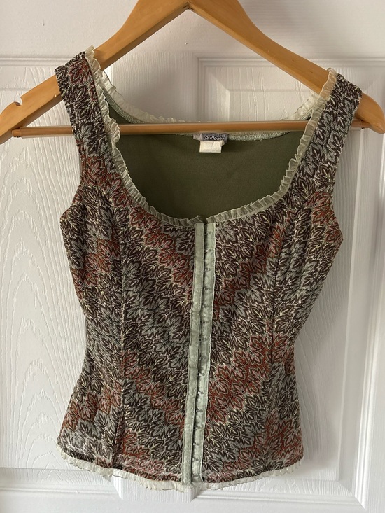 Outlooks Tops - VTG Y2K Outlooks Tapestry Corset Top Mesh Ruffle Hook & Eye Earth Tone Bodice  S